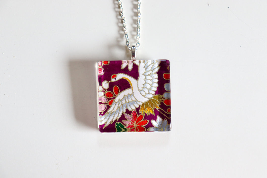 Purple Crane - Square Washi Paper Pendant Necklace