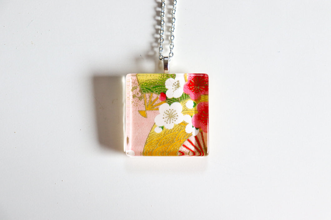 Plums and Fans Pink - Square Washi Paper Pendant Necklace