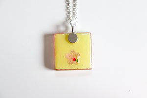 Plums and Fans Pink - Square Washi Paper Pendant Necklace