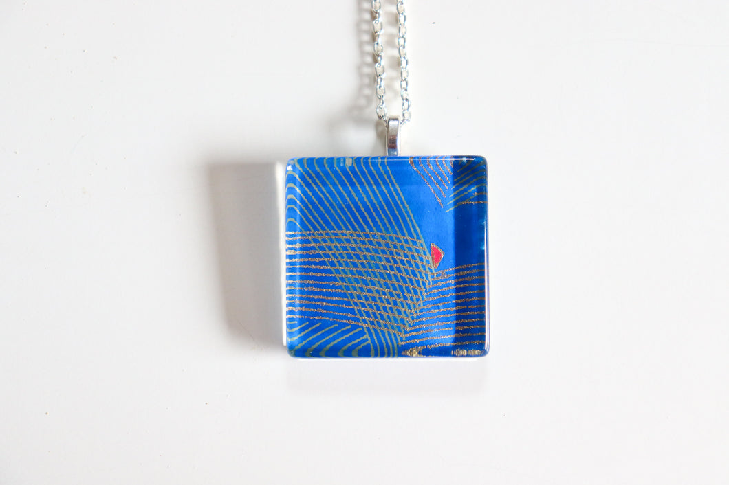 Geometry in Blue - Square Washi Paper Pendant Necklace