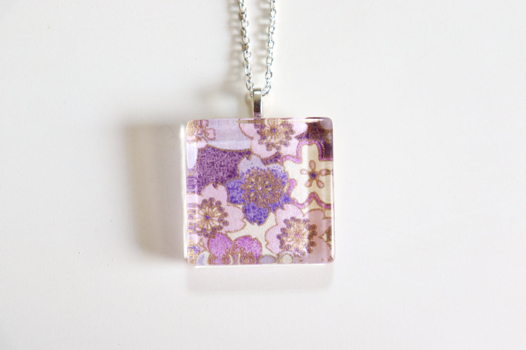 Lavender Fields - Square Washi Paper Pendant Necklace