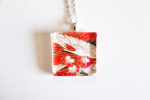 Red Cranes - Square Washi Paper Pendant Necklace