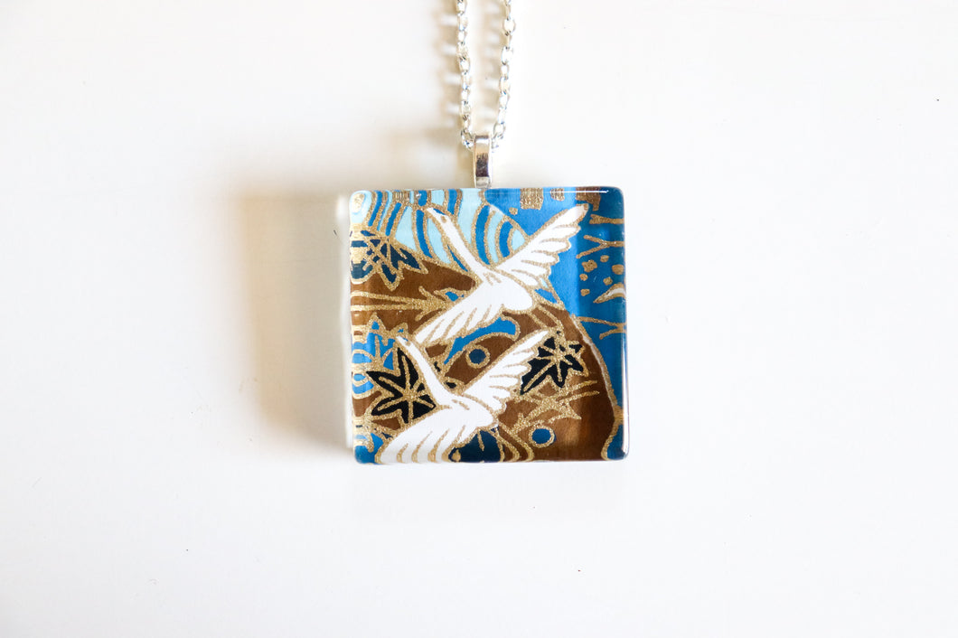 Crane Landscape - Square Washi Paper Pendant Necklace