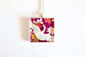 Crane in Purple Sky - Square Washi Paper Pendant Necklace