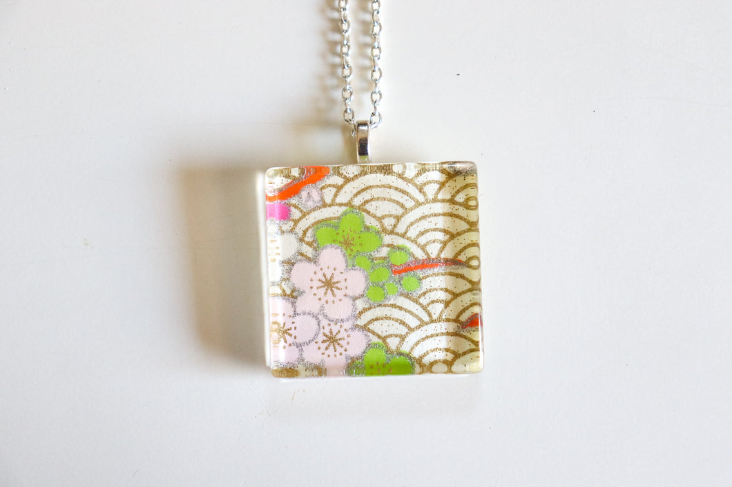 Blossoms Over Water - Square Washi Paper Pendant Necklace