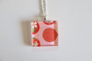Circles of Red - Square Washi Paper Pendant Necklace