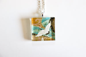 Green Cranes - Square Washi Paper Pendant Necklace