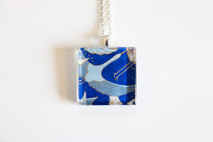 Blue Crane - Square Washi Paper Pendant Necklace