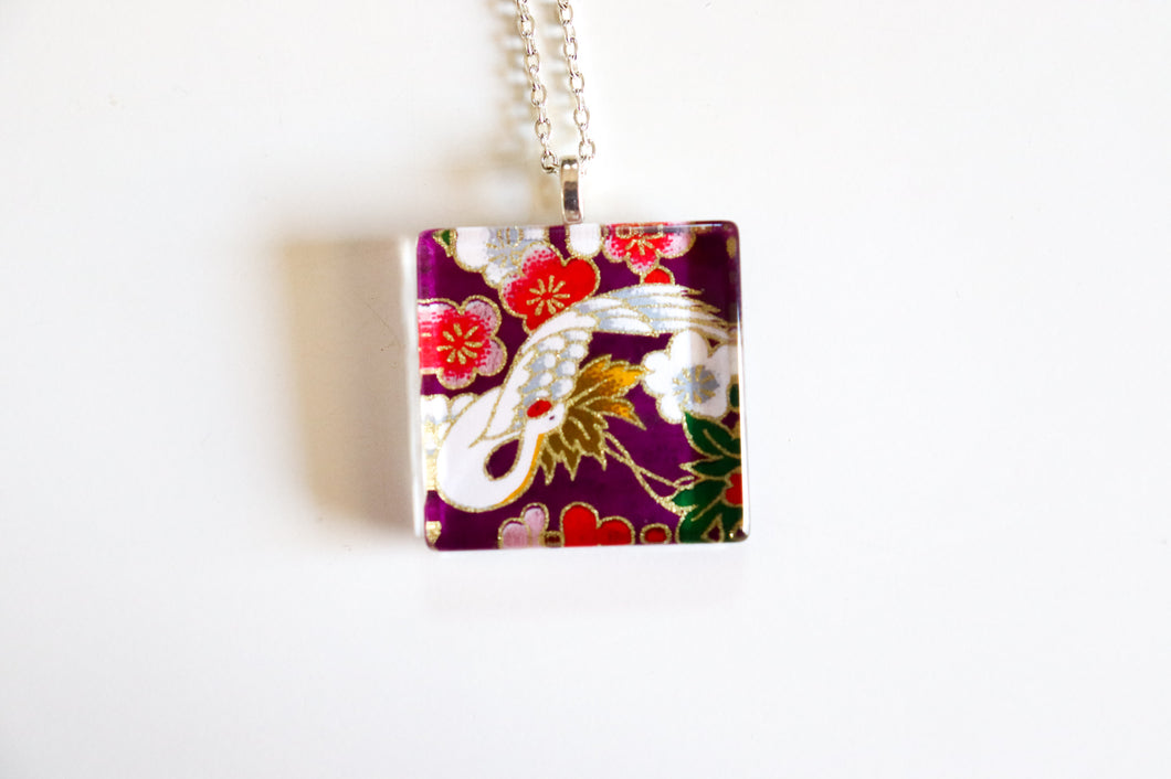 Crane in Purple Sky 2 - Square Washi Paper Pendant Necklace