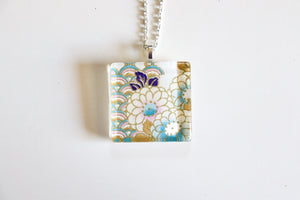 Chrysanthemum Blues - Square Washi Paper Pendant Necklace