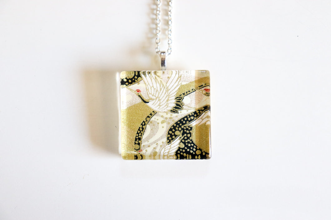 Gilded Crane - Square Washi Paper Pendant Necklace