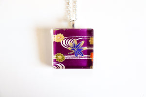 Purple Leaves - Square Washi Paper Pendant Necklace