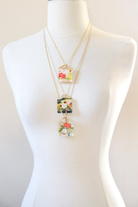 Fans and Plums - Square Washi Paper Pendant Necklace