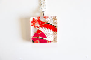 Red Cranes & Sakura Clouds - Square Washi Paper Pendant Necklace