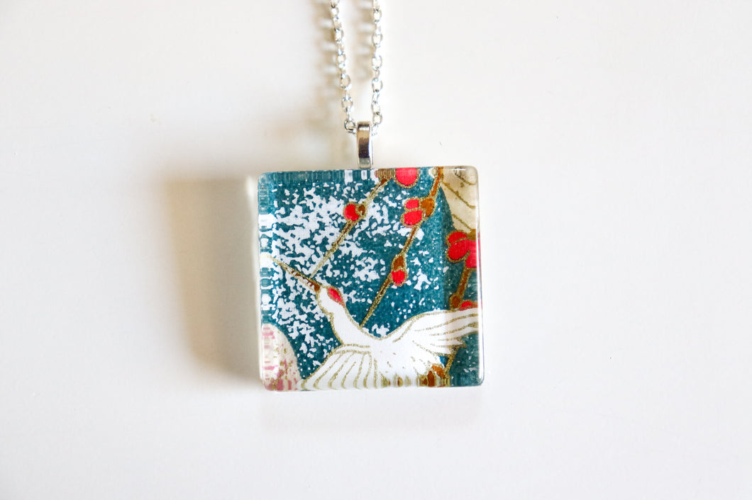 Cranes in Skies - Square Washi Paper Pendant Necklace