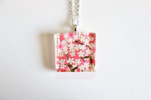 Pink Sakura Party - Square Washi Paper Pendant Necklace