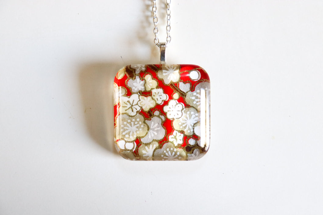 Red Plum Branches - Rounded Square Washi Paper Pendant Necklace