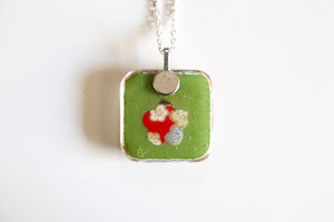 Red Plum Branches - Rounded Square Washi Paper Pendant Necklace