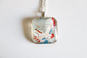 Skies and Cranes - Rounded Square Washi Paper Pendant Necklace