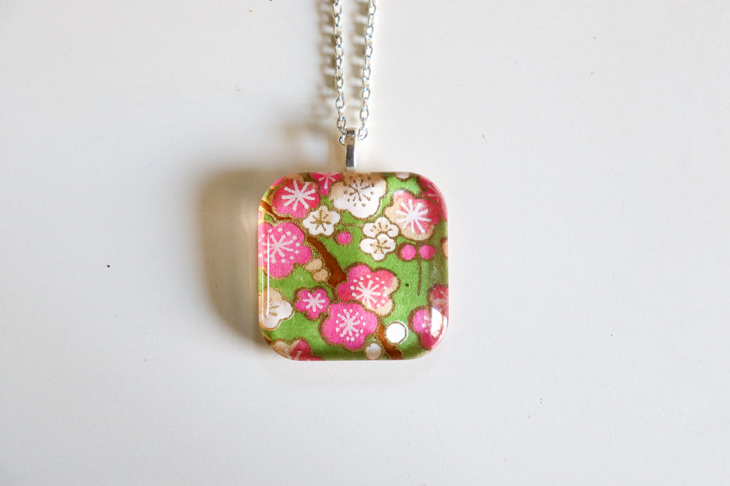 Pink Plums - Rounded Square Washi Paper Pendant Necklace