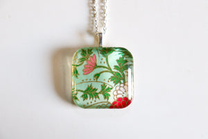 Wispy Flowers - Rounded Square Washi Paper Pendant Necklace