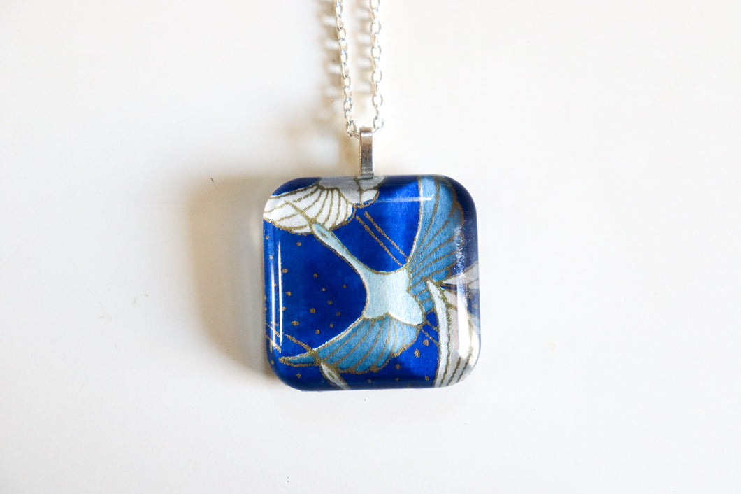 Blue Cranes - Rounded Square Washi Paper Pendant Necklace