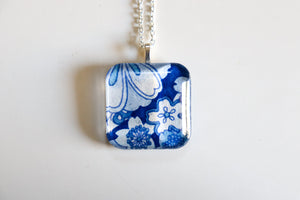 Blue and White - Rounded Square Washi Paper Pendant Necklace