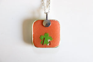 Green Blossoms - Rounded Square Washi Paper Pendant Necklace