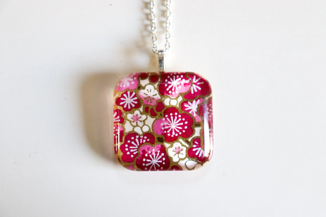 Plum Bouquets - Rounded Square Washi Paper Pendant Necklace