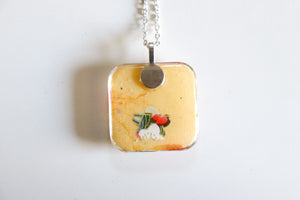Plum Buds - Rounded Square Washi Paper Pendant Necklace