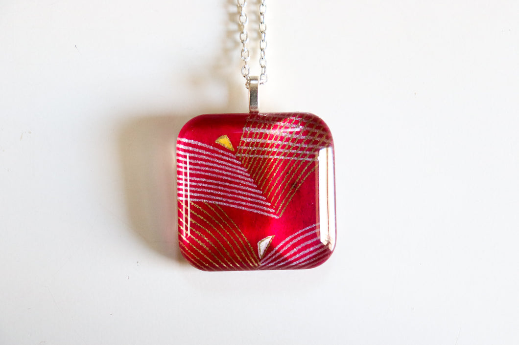 Red Lines - Rounded Square Washi Paper Pendant Necklace