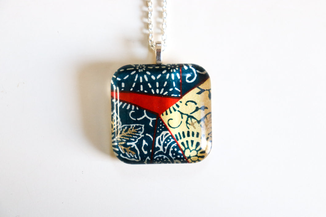 A splash of red - Rounded Square Washi Paper Pendant Necklace