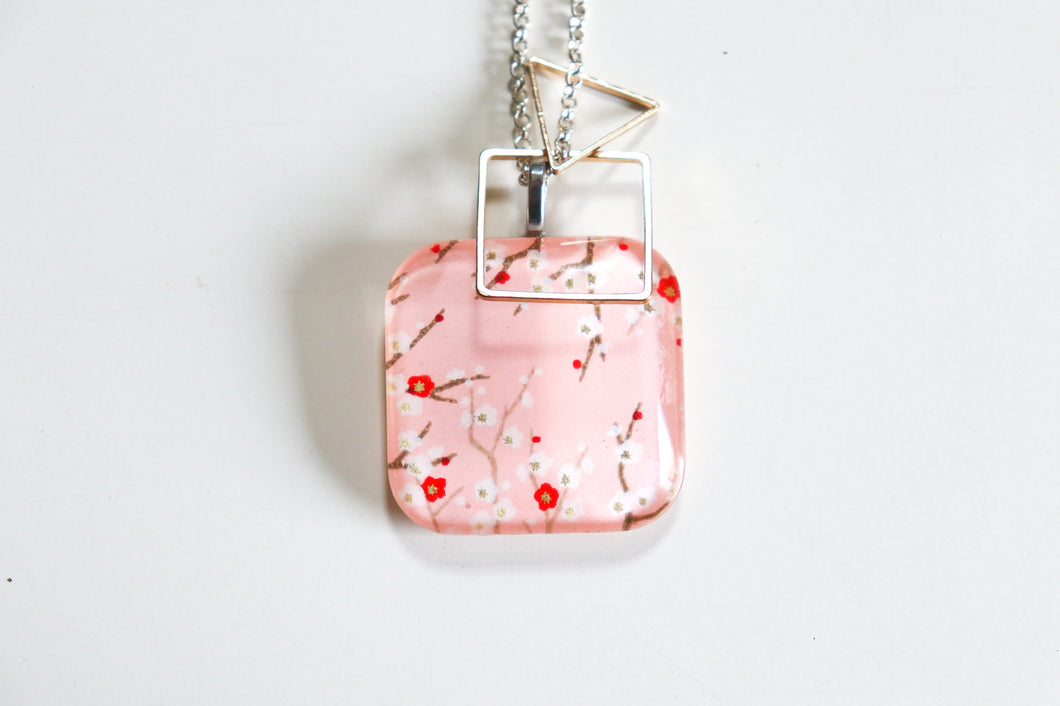 Pink Sakura Branches - Double Sided Washi Paper Pendant Necklace