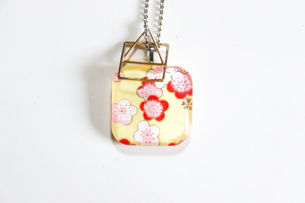 Yellow Flowers - Double Sided Washi Paper Pendant Necklace