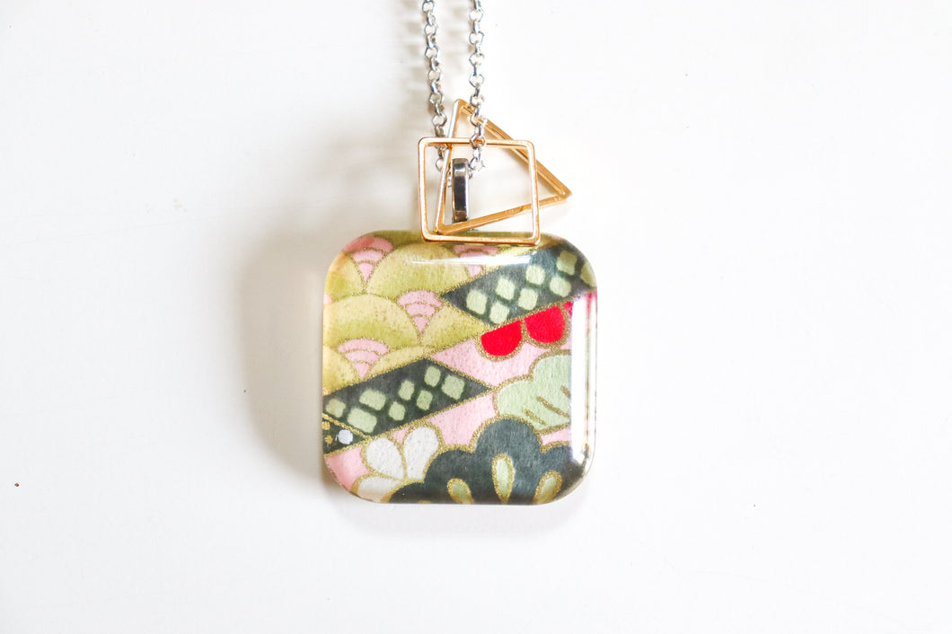 Pink and Green - Double Sided Washi Paper Pendant Necklace