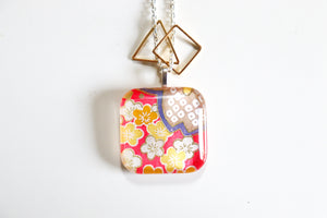 Yellow Blossoms on Pink - Double Sided Washi Paper Pendant Necklace
