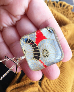 Bamboo Orange - Rounded Square Washi Paper Pendant Necklace