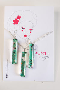 Green Gardens - Washi Paper Necklace and Long Earring Set