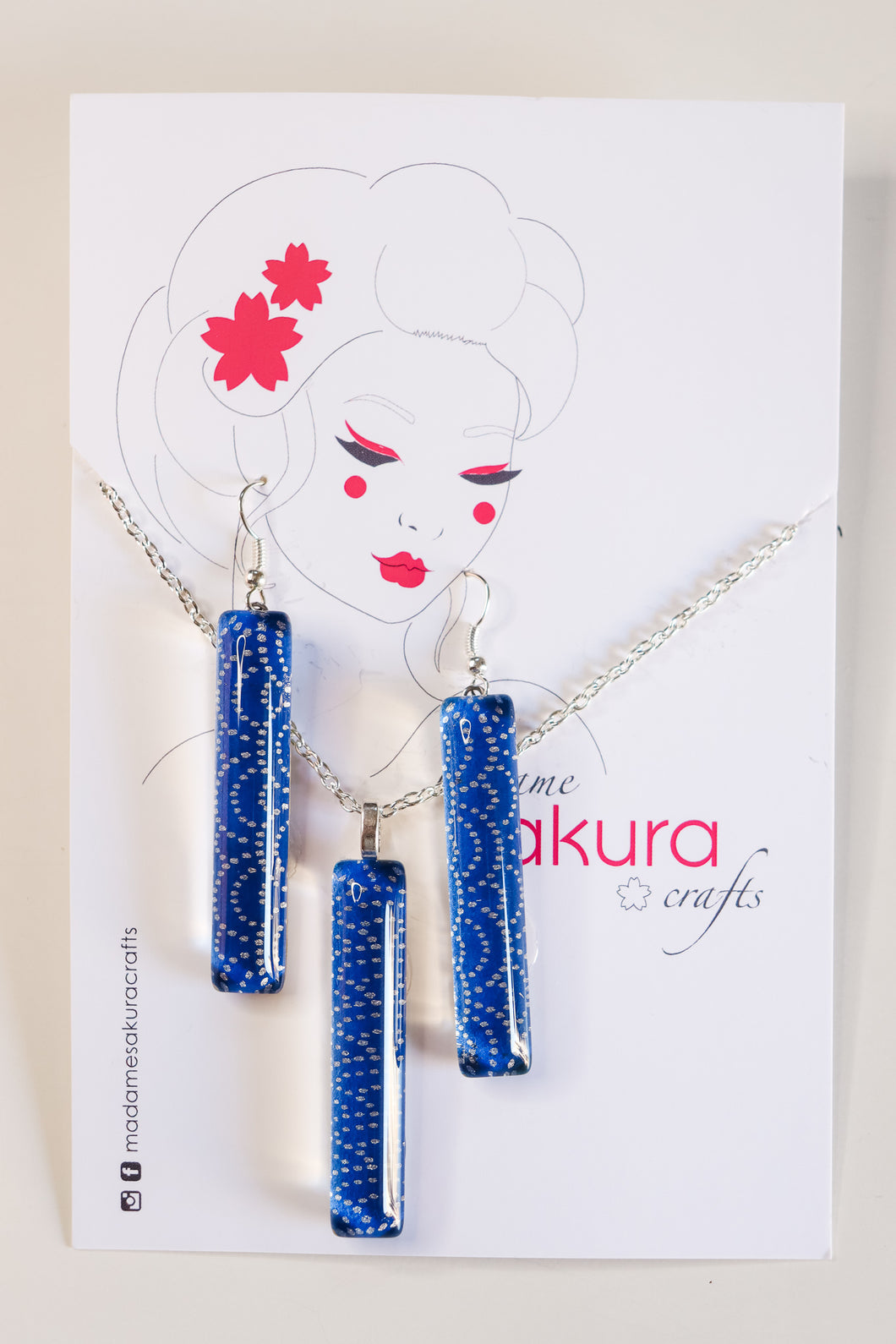 Blue Dots - Washi Paper Necklace and Long Earring Set