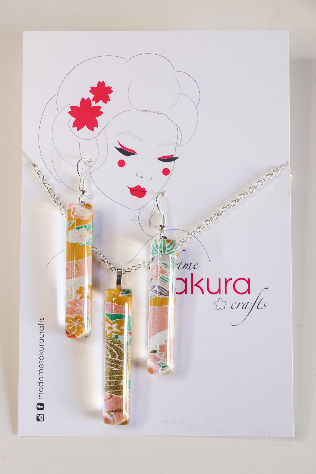 Pink and Gold - Washi Paper Necklace and Long Earring Set