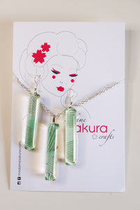 Mint Lines - Washi Paper Necklace and Long Earring Set