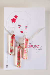 Pink Petals - Washi Paper Necklace and Long Earring Set