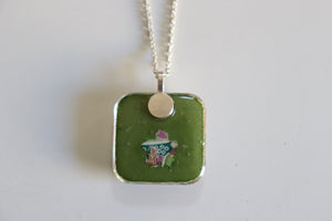 Shibori with Blossoms - Rounded Square Washi Paper Pendant Necklace