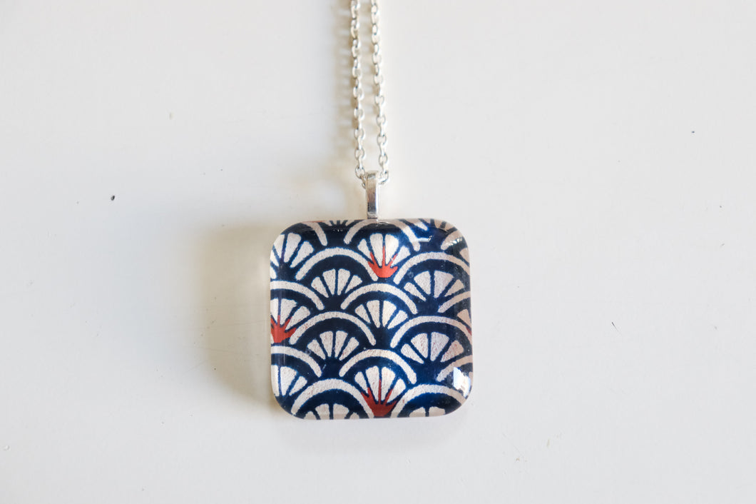 Stacked Flowers - Rounded Square Washi Paper Pendant Necklace