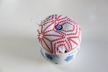 Load image into Gallery viewer, Red Shibori - Kimono fabric Pottery Pin Cushion
