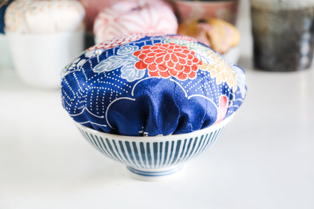 Large Chrysanthemum Blue - Kimono fabric Pottery Pin Cushion