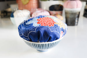 Large Chrysanthemum Blue - Kimono fabric Pottery Pin Cushion